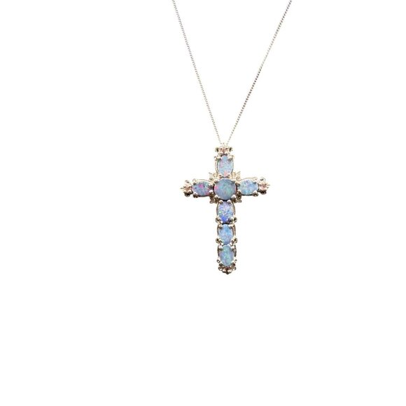 Ethiopian Opal Cross Pendant Necklace Sterling Silver 19 1/2" Chain - Picture 1 of 11